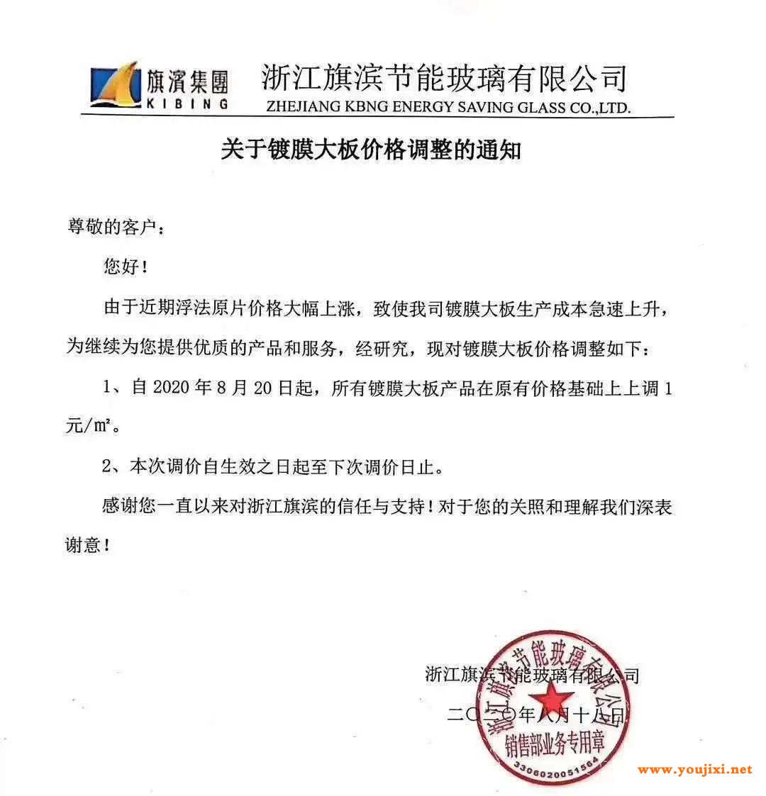 近日各玻璃厂家价格调涨通知