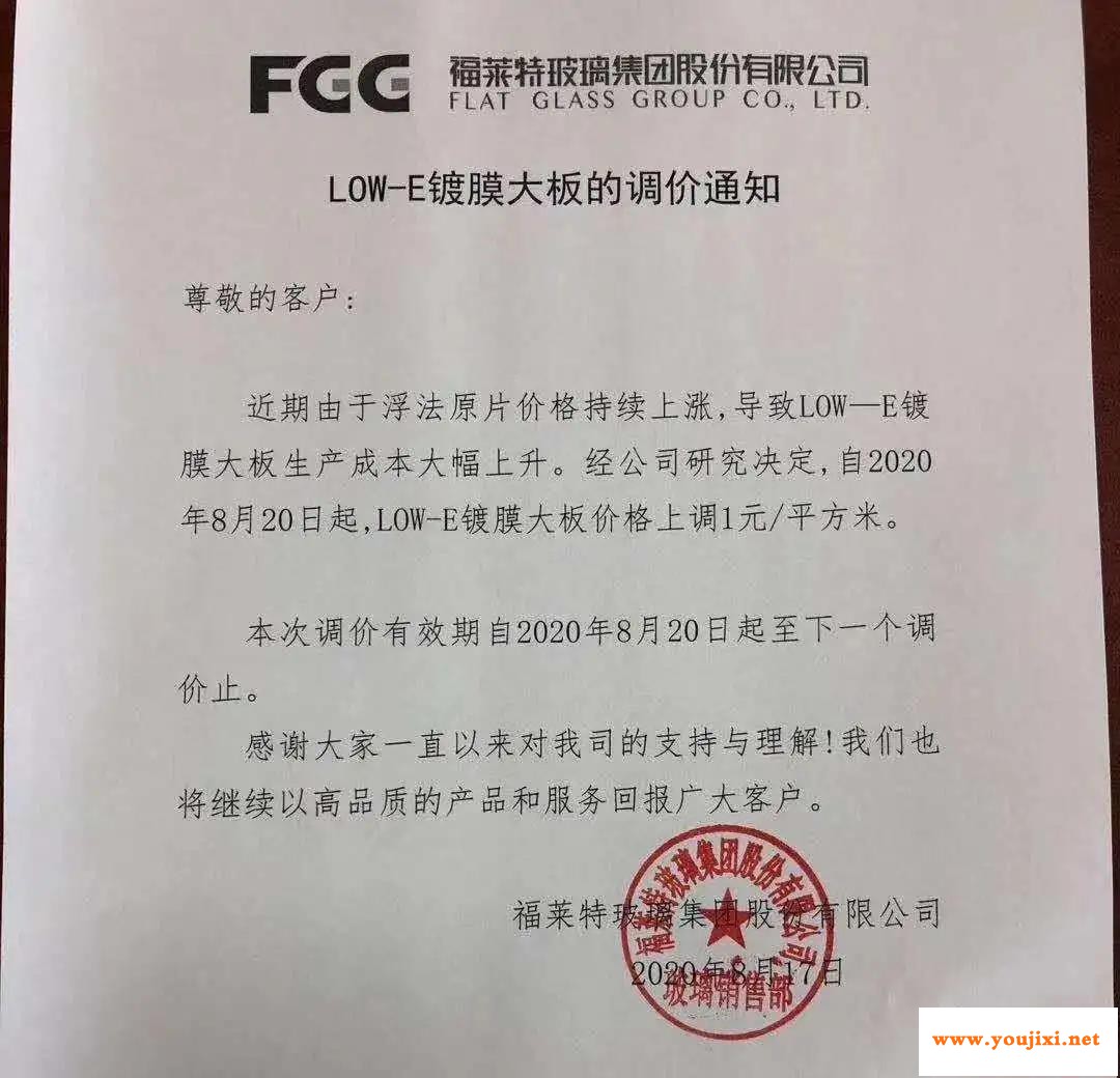 近日各玻璃厂家价格调涨通知