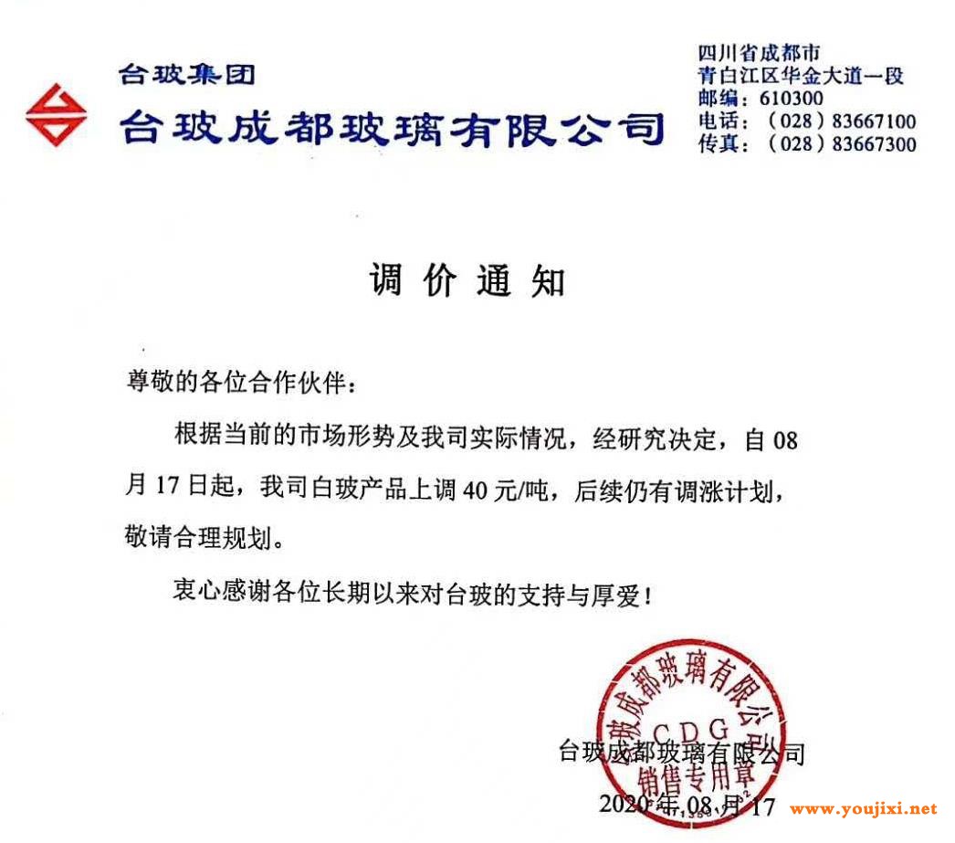 近日各玻璃厂家价格调涨通知
