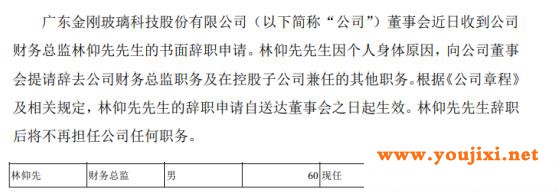 金刚玻璃财务总监林仰先辞职 2018年薪酬为25万元